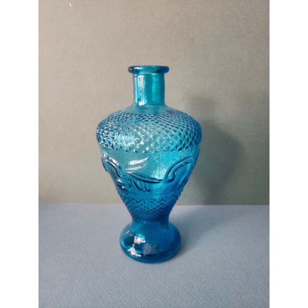 Vintage Blue Pressed Glass Decanter Vase Diamond Point Quilted Leaf Taiwan Retro